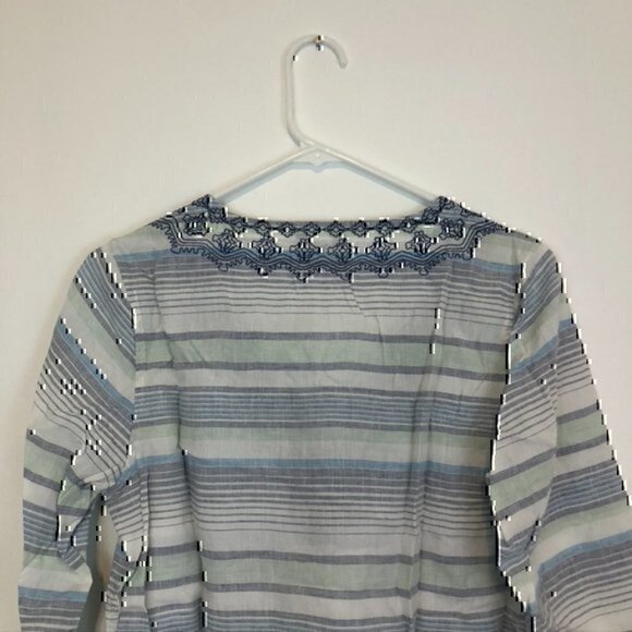 EDDIE BAUER Vista Point Embroidered Tunic White Navy Blue Striped 3/4 Sleeve S - Picture 9 of 9
